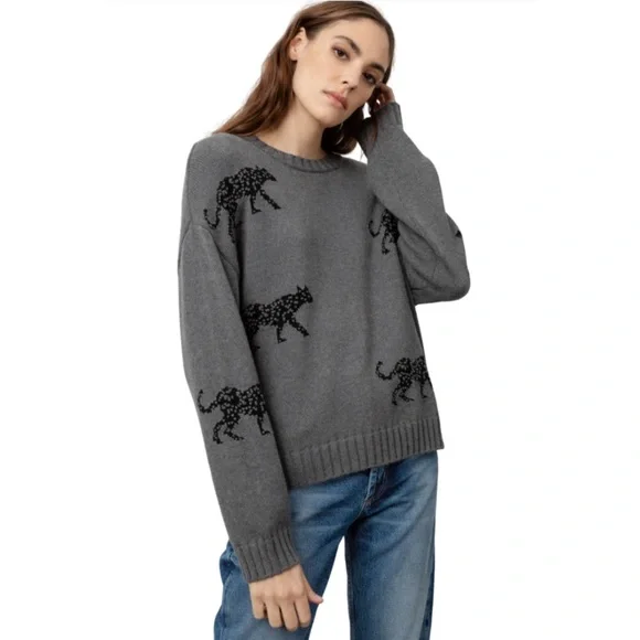 Rails Perci Jungle Cat Cotton Cashmere Gray Crewneck Knit Sweater Sz MEDIUM - Picture 1 of 15